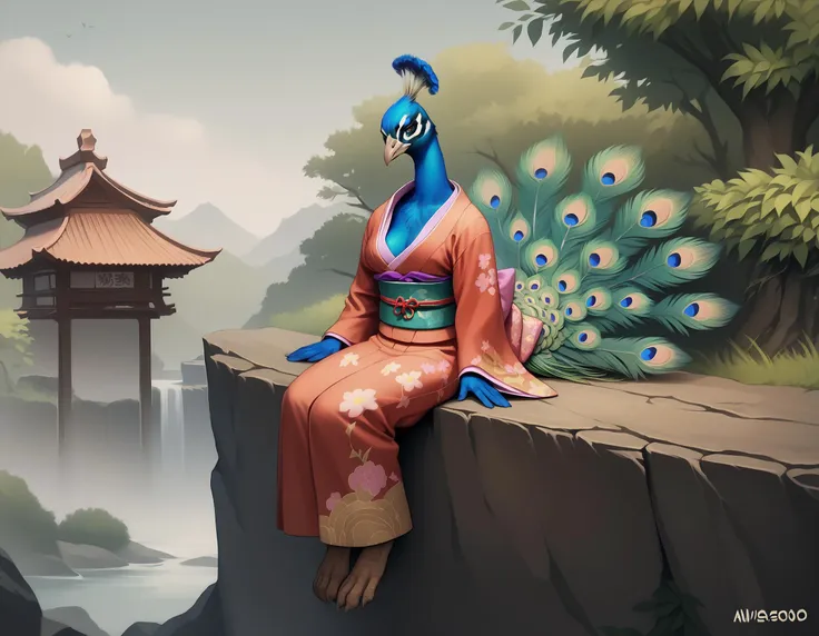 score_9, score_8_up, score_7_up, <lora:PeacockPonyXL:1>, peacock, female, breasts, anthro, tail feathers, detailed background, kimono, tail feathers spread, sitting atop a cliff