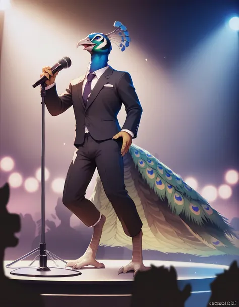 score_9, score_8_up, score_7_up, <lora:PeacockPonyXL:1>, peacock, male, anthro, tail feathers, detailed background, suit, stage, microphone stand, spotlight, music notes, open mouth, talons, audience, depth of field