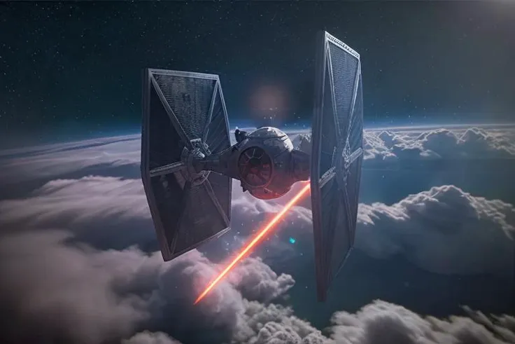 analog gloomy aerial photo of a (Tie Fighter, <lora:t13f1ght3r:1>), ((nighttime)), (flying in a space battle), outer space, planet orbit, (explosions in the background), (lasers), High Detail, Sharp focus, (photorealism), realistic, best quality, 8k, award winning, dramatic lighting, epic, cinematic, masterpiece, rim light, (action movie), war, depth of field, dutch angle,
