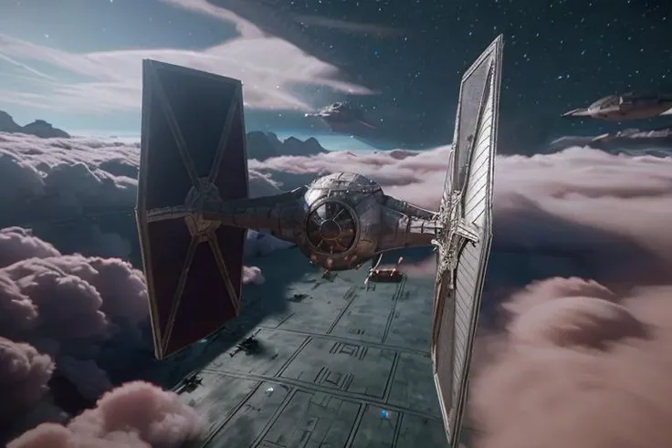 analog gloomy aerial photo of a (Tie Fighter, <lora:t13f1ght3r:1>), ((nighttime)), (flying in a space battle), outer space, planet orbit, (explosions in the background), (lasers), High Detail, Sharp focus, (photorealism), realistic, best quality, 8k, award winning, dramatic lighting, epic, cinematic, masterpiece, rim light, (action movie), war,  depth of field, dutch angle,