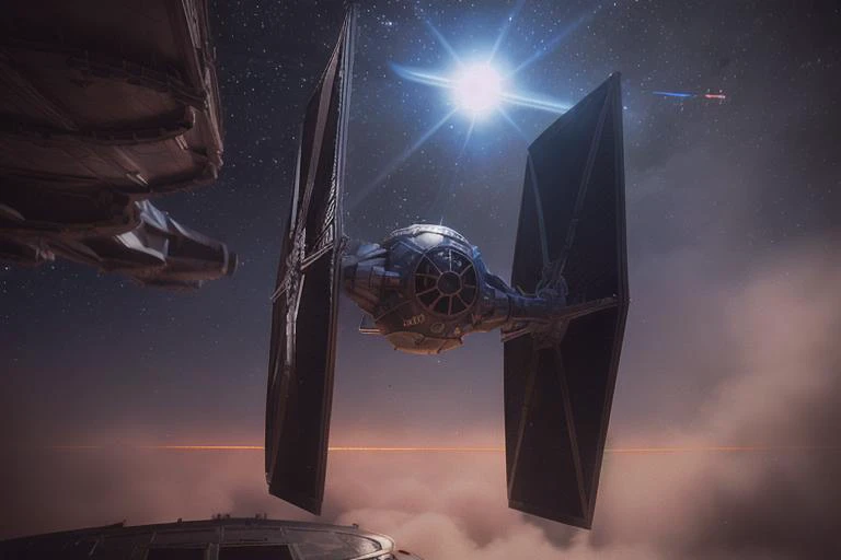 analog gloomy aerial photo of a (Tie Fighter, <lora:t13f1ght3r:1>), ((nighttime)), (flying in a space battle), outer space, planet orbit, (explosions in the background), (lasers), High Detail, Sharp focus, (photorealism), realistic, best quality, 8k, award winning, dramatic lighting, epic, cinematic, masterpiece, rim light, (action movie), war, depth of field, dutch angle,