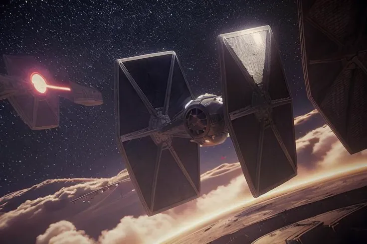 analog gloomy aerial photo of a (Tie Fighter, <lora:t13f1ght3r:1>), ((nighttime)), (flying in a space battle), outer space, planet orbit, (explosions in the background), (lasers), High Detail, Sharp focus, (photorealism), realistic, best quality, 8k, award winning, dramatic lighting, epic, cinematic, masterpiece, rim light, (action movie), war, depth of field, dutch angle,
