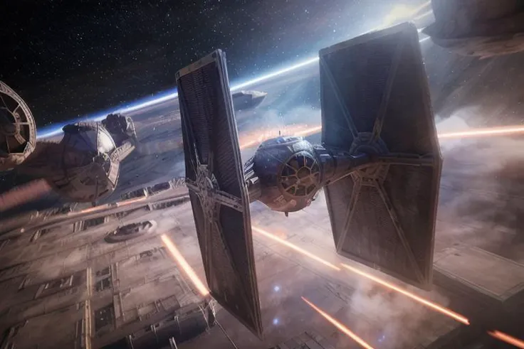 analog gloomy aerial photo of a (Tie Fighter, <lora:t13f1ght3r:1>), ((nighttime)), (flying in a space battle), outer space, planet orbit, (explosions in the background), (lasers), High Detail, Sharp focus, (photorealism), realistic, best quality, 8k, award winning, dramatic lighting, epic, cinematic, masterpiece, rim light, (action ), war, depth of field, dutch angle,