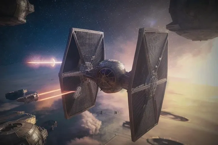 analog gloomy aerial photo of a (Tie Fighter, <lora:t13f1ght3r:1>), ((nighttime)), (flying in a space battle), outer space, planet orbit, (explosions in the background), (lasers), High Detail, Sharp focus, (photorealism), realistic, best quality, 8k, award winning, dramatic lighting, epic, cinematic, masterpiece, rim light, (action movie), war, depth of field, dutch angle,
