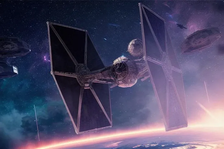 analog gloomy aerial photo of a (Tie Fighter, <lora:t13f1ght3r:1>), ((nighttime)), (flying in a space battle), outer space, planet orbit, (explosions in the background), (lasers), High Detail, Sharp focus, (photorealism), realistic, best quality, 8k, award winning, dramatic lighting, epic, cinematic, masterpiece, rim light, (action ), war, depth of field, dutch angle,