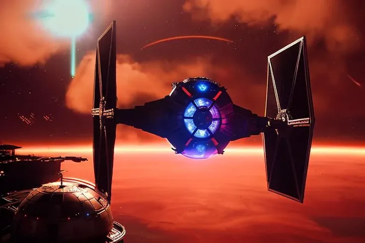 analog gloomy aerial photo of a (Tie Fighter, <lora:t13f1ght3r:1>), ((nighttime)), (flying in a space battle), outer space, planet orbit, (explosions in the background), (lasers), High Detail, Sharp focus, (photorealism), realistic, best quality, 8k, award winning, dramatic lighting, epic, cinematic, masterpiece, rim light, (action movie), war, depth of field, dutch angle,