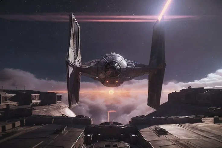 analog gloomy aerial photo of a (Tie Fighter, <lora:t13f1ght3r:1>), ((nighttime)), (flying in a space battle), outer space, planet orbit, (explosions in the background), (lasers), High Detail, Sharp focus, (photorealism), realistic, best quality, 8k, award winning, dramatic lighting, epic, cinematic, masterpiece, rim light, (action movie), war, depth of field, dutch angle,