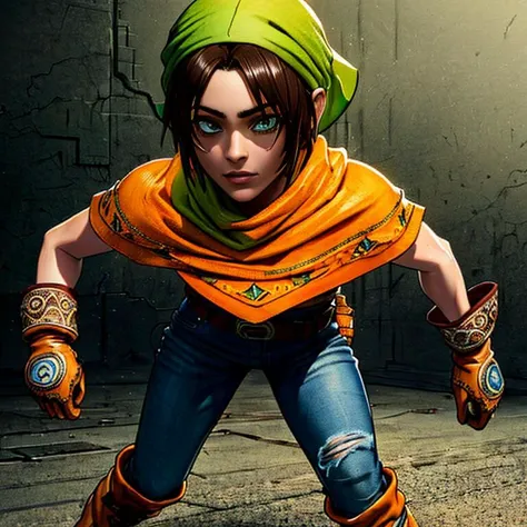 Toan,D-Outfit, orange poncho, denim jeans, green bandana, brown gloves, brown boots, belt, standing, (Solo)
(insanely detailed, beautiful detailed face, masterpiece, best quality) intricate details, volumetric lighting, intricate details, tone mapping, <lora:Toan-08:0.7> <lora:GesuGao:1>