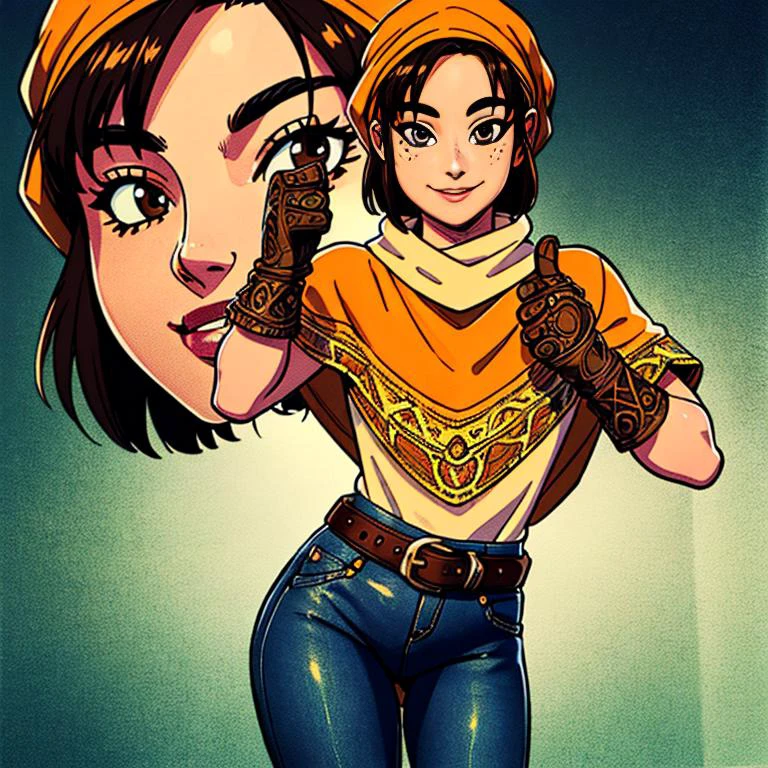 Toan,D-Outfit, orange poncho, denim jeans, green bandana, brown gloves, brown boots, belt, standing, smile, giving thumbs up, (Solo)
(insanely detailed, beautiful detailed face, masterpiece, best quality) intricate details, volumetric lighting, intricate details, tone mapping, <lora:Toan-09:0.7>