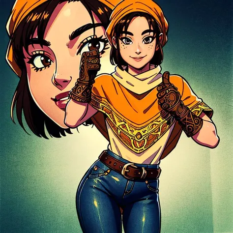 Toan,D-Outfit,  orange poncho, denim jeans, green bandana, brown gloves, brown boots, belt, standing,  smile, giving thumbs up, (Solo)
(insanely detailed, beautiful detailed face, masterpiece, best quality)  intricate details, volumetric lighting, intricate details, tone mapping,   <lora:Toan-09:0.7>