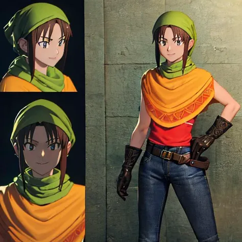 Toan,D-Outfit, orange poncho, denim jeans, green bandana, brown gloves, brown boots, belt, standing, smile,
(insanely detailed, beautiful detailed face, masterpiece, best quality) anime, intricate details, <lora:Toan-07:0.7>