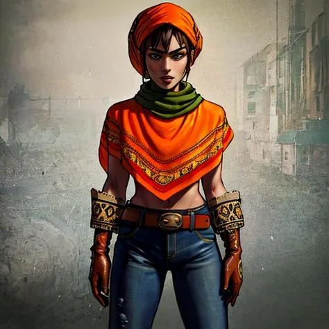 Toan,D-Outfit, orange poncho, denim jeans, green bandana, brown gloves, brown boots, belt, standing, (Solo)
(insanely detailed, beautiful detailed face, masterpiece, best quality) intricate details, volumetric lighting, intricate details, tone mapping, <lora:Toan-08:0.7>