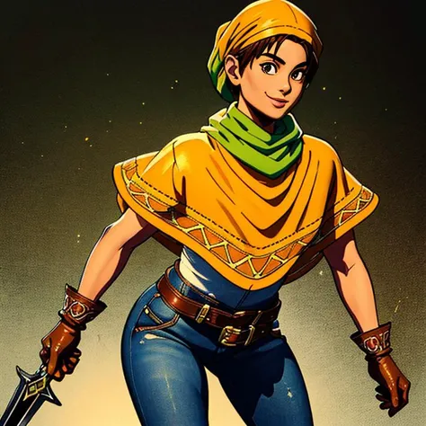 Toan,D-Outfit, orange poncho, denim jeans, green bandana, brown gloves, brown boots, belt, standing, smile, holding dagger, dagger, (Solo)
(insanely detailed, beautiful detailed face, masterpiece, best quality) intricate details, volumetric lighting, intricate details, tone mapping, <lora:Toan-09:0.7>