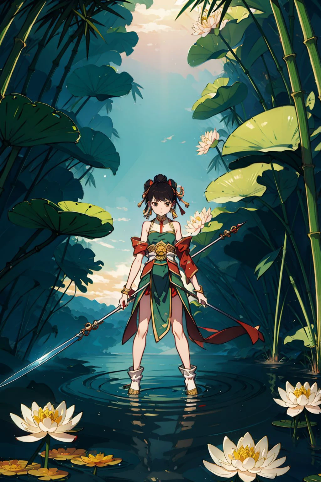 1girl, , <lora:nezha_20230529030816:0.75>, (flying), chinese mythology,lake full of lotus and lily pad, <lora:UnlimitedBladeWorksV0.3:0.8>,holding spear, standing in lotus,bamboo forest,sky,DualWielding,Unlimited Blade Works,Weapon on back
