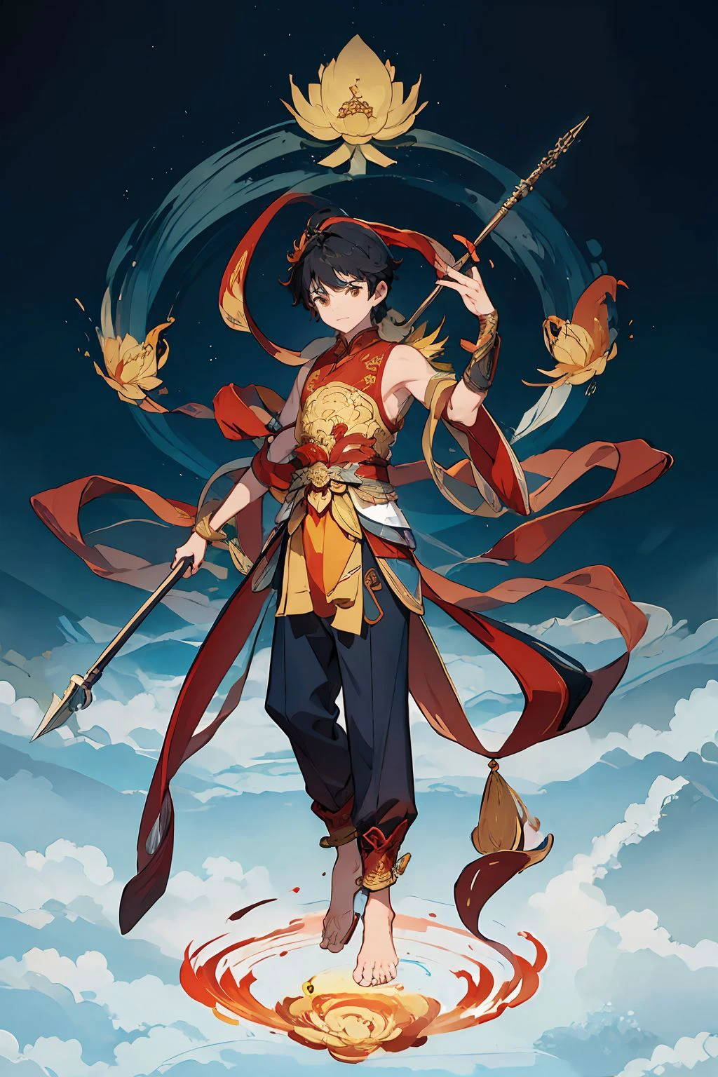 A boy, <lora:nezha_20230529030816:0.6>, With a spear in his hand, Foot on lotus, chinese mythology, Mysterious sky, abstract background, 3 heads, six arms