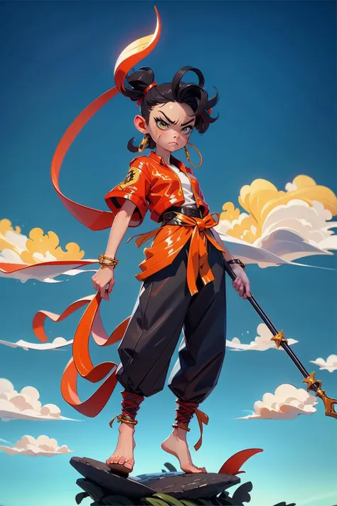 1girl,angry,<lora:nezha_20230529030816:0.75>,holding spear,(flying),chinese mythology,cloudy,detailed sky,abstract background,(flame_surge_style:0.5),Bare feet,(12-y.o:1.5),