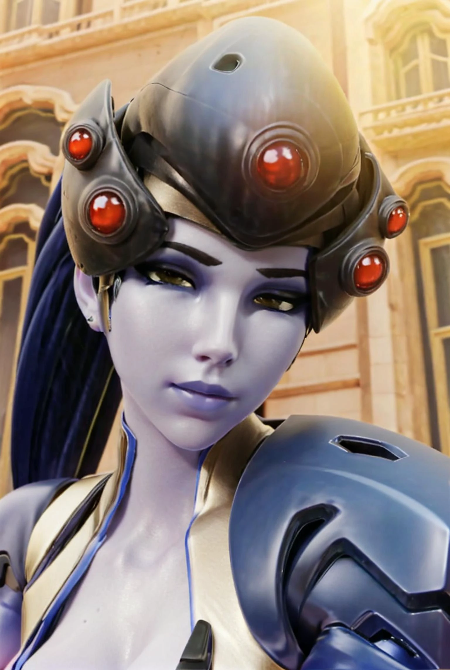 <lora:Widowmaker_Aoki:1>,portrait, death glare, visor, night sky,absurdres, highres, best quality,1 girl , 30 y.o., ((detailed face)), (pretty face), black hair, ponytail hair, blue skins, (yellow eyes:1.4), medium breasts , slim figure, black bodysuit, night sky, moonlight,mist, wet, moisture,