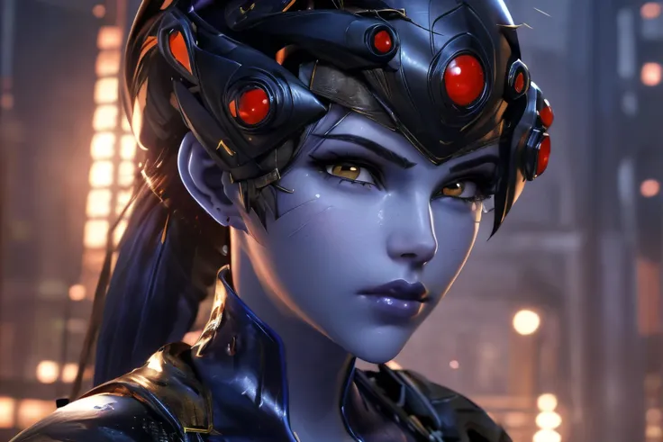 <lora:Widowmaker_Chilli:0.7> ,violet ponytail hair,(blue skin:1.3), yellow eyes,(small hanging breasts:1.4),nude breasts,  <lyco:widowsuit-15:0.4>,(black  widowsuit:1.4), red nipples,death glare, widowmaker,visor, bodysuit,ultra-realistic 8k wallpaper of widowmaker, (close up portrait:1.2), (large eyes:1.1),  stunningly beautiful, futuristic background, day, sunlight, snow,(looking at camera:1.1), (nsfw:1.3), intricate details, best quality, masterpiece, realistic, high saturation, side light, unreal engine 5, <lora:add_detail:0.6>