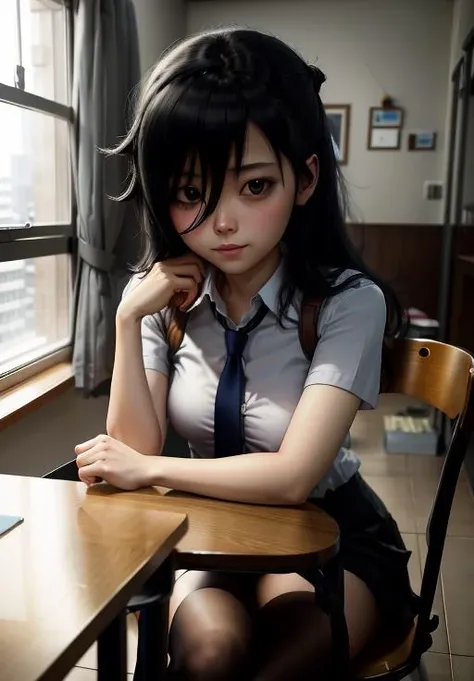 Shinkai Makoto style, Miyazaki style, interior scene, cold color, sunlight penetration, two-dimensional scene, floor, table, chair, silhouettes of people, school cafeteria, girl with long curly brown hair sitting at a table, with a girl with short black hair, beautiful skin, perfect face