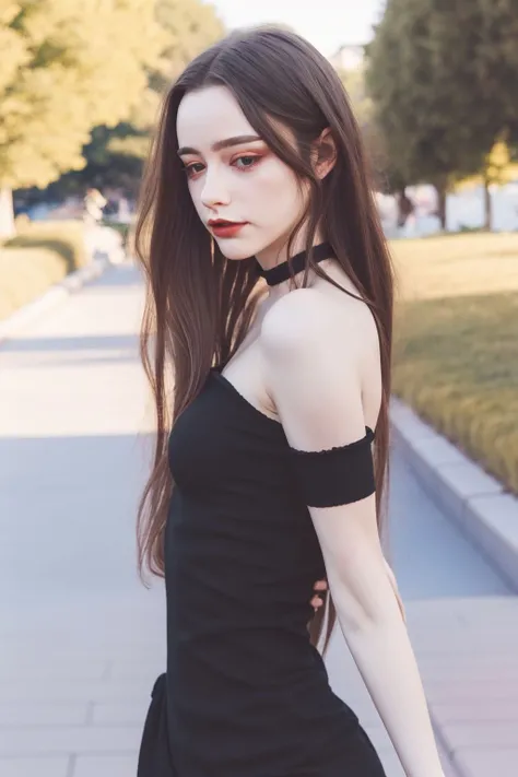 ,1girl, long hair, , , , , outdoors, blurry background, , dress, bare shoulders, , black choker, upper body, closed mouth, , <lora:Dasha Taran4:0.8>