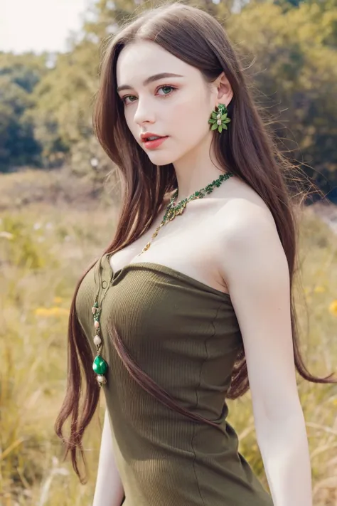 1girl, long hair, jewelry, brown hair,green dress, ring, earrings, necklace, flower, looking at viewer, breasts, , parted lips, blurry background, bare shoulders, <lora:Dasha Taran4:0.68>