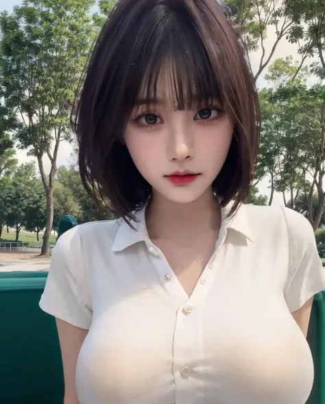 pureerosface_v1, best quality, photorealistic, 8k, high res, full color, 1girl, woman, 20 years old woman, (closed mouth:1.73), (skindentation), (portrait:0.6), trees, park bench, daylight, ((park background:1.52)), full color, ((big breast, whitebuttonedshirt:1.58)), looking at viewer:1.8, (1girl eyes looking at viewer:1.55), (medium hair, brownhair, partedbangs:1.45), (bokeh), <lora:AAG-qian:0.69>