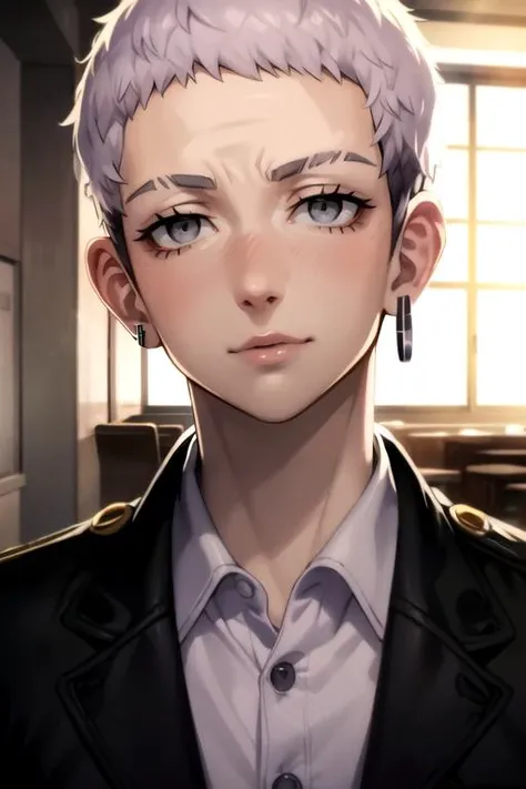 photorealistic, (4k), depth of field, (Masterpiece), (realistic skin texture), extremely detailed, intricate, hyper detailed, high resolution, professional photography, , depth of field, sharp detail, best quality, looking at viewer, 1boy, solo, male focus, <lora:takashi_mitsuya:0.82>, takashi_mitsuya, grey hair, grey eyes, short hair, jewelry, uniform, texan costume, cafeteria,
