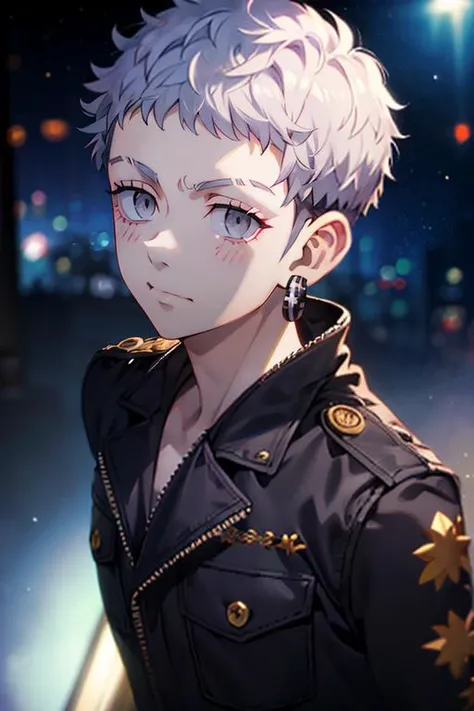 photorealistic, (4k), depth of field, (Masterpiece), (realistic skin texture), extremely detailed, intricate, hyper detailed, high resolution, professional photography, , depth of field, sharp detail, best quality, , 1boy, solo, male focus, <lora:takashi_mitsuya:0.88>, takashi_mitsuya, grey hair, grey eyes, short hair, , black jacket, burglar costume, space opera,