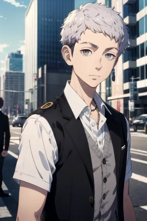 photorealistic, (4k), depth of field, (Masterpiece), (realistic skin texture), extremely detailed, intricate, hyper detailed, high resolution, professional photography, , depth of field, sharp detail, best quality, looking at viewer, 1boy, solo, male focus, <lora:takashi_mitsuya:0.76>, takashi_mitsuya, grey hair, grey eyes, short hair, jewelry, , suit vest, , skyscraper, Blu-ray