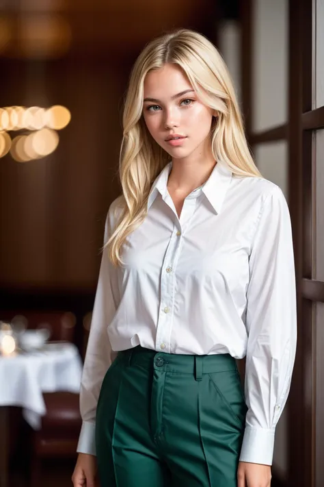photo of beautiful (ktlordahl-120:0.99), (((standing in a fancy_restaurant))), modelshoot style, (extremely detailed CG unity 8k wallpaper), photo of the most beautiful artwork in the world, professional majestic (photography by Steve McCurry), 8k uhd, dslr, soft lighting, high quality, (film_grain:1.2), (bokeh, blurry foreground, blurry background), Fujifilm XT3 sharp focus, f 5.6, High Detail, Sharp focus, dramatic, (blonde hair), (((wearing blouse, chino_pants))), (looking at viewer:1.2), (detailed pupils:1.3), (natural light), (((medium-long shot:1.3)))