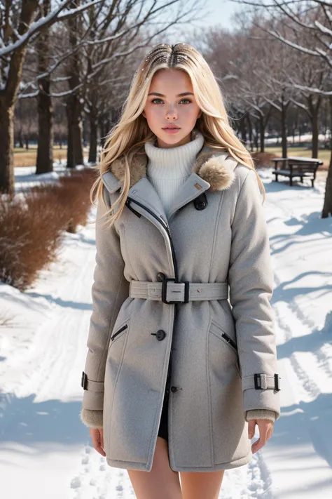 photo of beautiful (ktlordahl-120:0.99), (((walking in a park in winter))), (((snow))), modelshoot style, (extremely detailed CG unity 8k wallpaper), photo of the most beautiful artwork in the world, professional majestic (photography by Steve McCurry), 8k uhd, dslr, soft lighting, high quality, (film_grain:1.2), (bokeh, blurry foreground, blurry background), Fujifilm XT3 sharp focus, f 5.6, High Detail, Sharp focus, dramatic, (blonde hair), (((winter_coat))), (looking at viewer:1.2), (detailed pupils:1.3), (natural light), (((medium-long shot:1.3)))