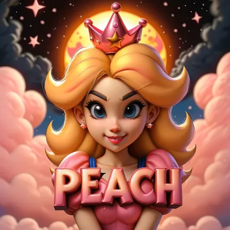 ((<lora:Harrlogos_v2.0:1>)),(("peach" text logo:1.2)),pink,metallic,cute,adult,(samdoesart princess peach:1.1),clouds,sun,stars,evil smile,<lora:samdoesart:1>,