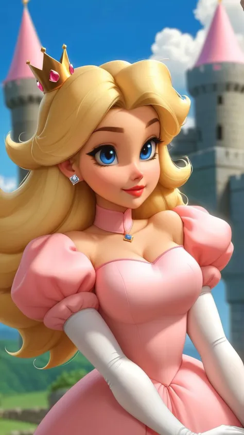 (masterpiece:1.1),(best quality:1.1),1girl,(samdoesart princess peach),blonde hair,blue eyes,long hair,crown,dress,gem,gloves,pink dress,puffy short sleeves,puffy sleeves,short sleeves,white gloves,evil smile,glossy lips,glossy skin,blushing,outside,castle,day,clouds,nature,<lora:samdoesart:1>,(nipples),(topless),(nudity),