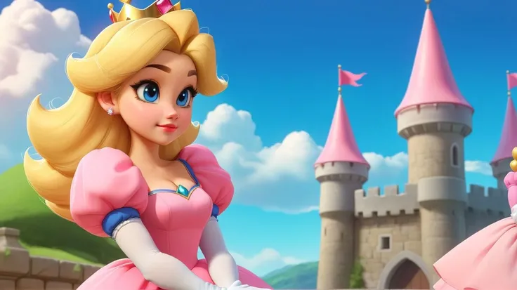 (masterpiece:1.1),(best quality:1.1),1girl,(samdoesart princess peach),blonde hair,blue eyes,long hair,crown,dress,gem,gloves,(pink dress),puffy short sleeves,puffy sleeves,short sleeves,white gloves,evil smile,glossy lips,glossy skin,blushing,outside,castle,day,clouds,nature,<lora:samdoesart:1>,