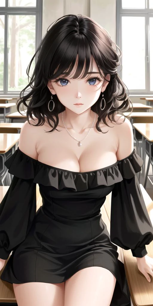 ((beautiful face)), extremely delicate facial,the creamy smooth skin,masterpiece, 1girl, best quality, ultra high res, (photorealistic:1.4),full_body,,tender shining,amazing scene lighting,(In classroom), ((black off-shoulder dress)),Look at the audience,necklace