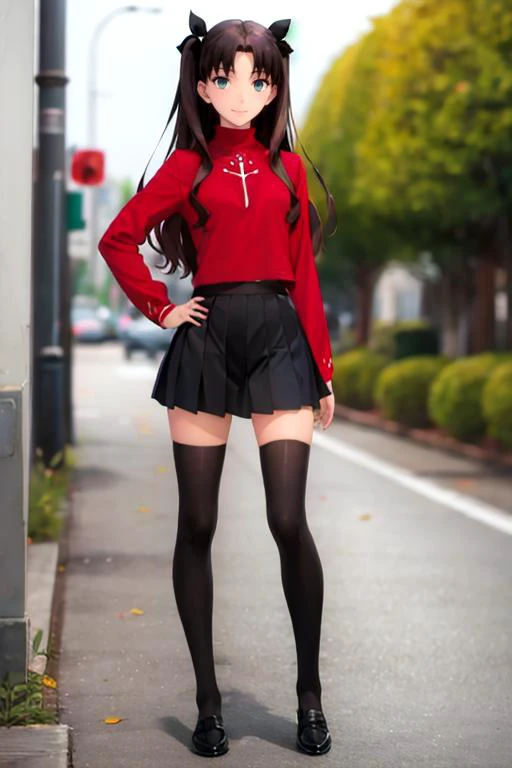 <lora:chara_FateStayNightUBW_TohsakaRin_v1:0.8>, tohsaka rin, best quality, masterpiece, highly detailed, street, 1girl, solo, standing, looking at the viewer, smile, closed mouth, slight blush, long hair, two side up, brown hair, blue eyes, hair ribbon, (red turtleneck), long sleeves, pleated skirt, black skirt, (black thighhighs), full body, (fat legs:1.3), black_loafers, hand on hip,