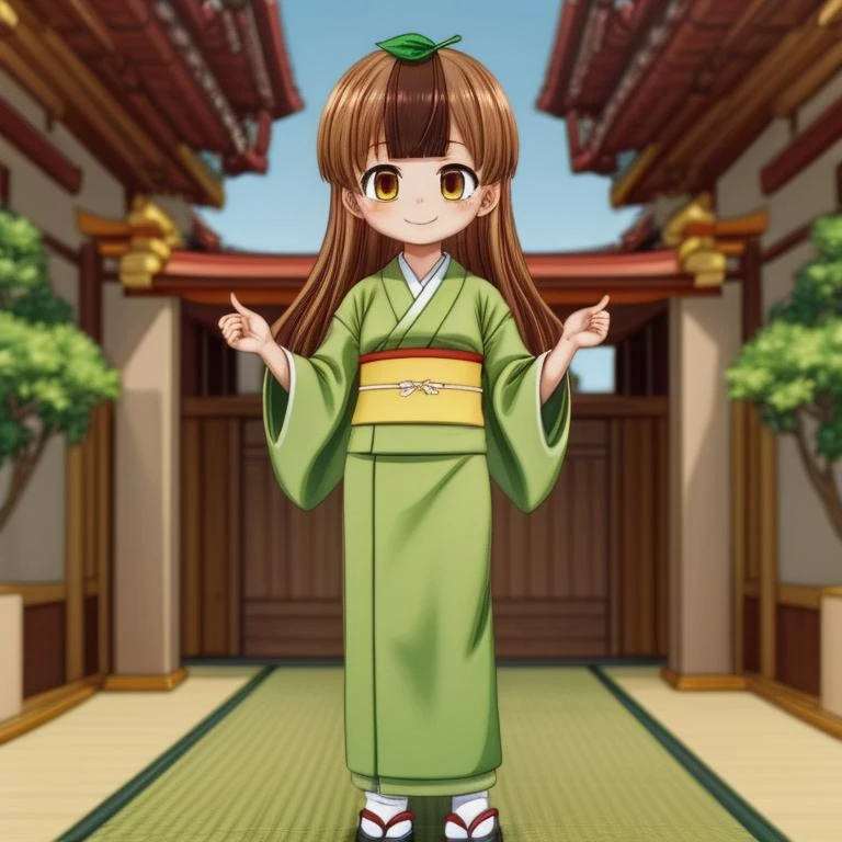 ((Full-Body Shot)),<lora:Mameda V1:0.7> Daikokutei Mameda, brown hair, (brown eyes), long hair, pale skin, two-tone hair, (Leaf), (green leaf over head), green kimono,
Masterpiece, Best quality, beautiful, ((half body)), Human, looking at viewer, crisp, clear, Digital painting, oil painting, best quality, detailed hair, detailed background, detailed body, detailed eyes, full body, cute, smile, medium breast, round breast, perfect body, 1girl, solo, hands, (white tabi, white obijime, yellow obi, zouri, han'eri, red obiage,)
east asian architecture, japanese clothes,
ultra high resolution, raw photo, deep shadow, low key, natural light,
<lora:Furtastic_Detailer:0.5> <lora:hairdetailer:0.5>