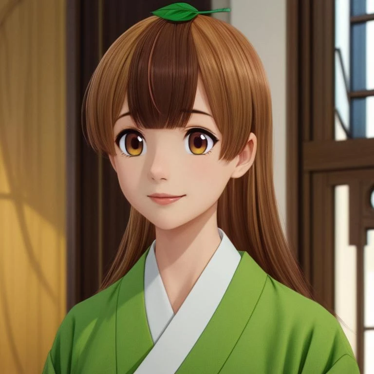 ((Full-Body Shot)),<lora:Mameda V1:0.8> Daikokutei Mameda, brown hair, (brown eyes), long hair, pale skin, two-tone hair, (Leaf), (green leaf over head), green kimono,
Masterpiece, Best quality, beautiful, ((half body)), Human, looking at viewer, crisp, clear, Digital painting, oil painting, best quality, detailed hair, detailed background, detailed body, detailed eyes, full body, cute, smile, medium breast, round breast, perfect body, 1girl, solo, hands, (white tabi, white obijime, yellow obi, zouri, han'eri, red obiage,)
east asian architecture, japanese clothes,
ultra high resolution, raw photo, deep shadow, low key, natural light,
<lora:Furtastic_Detailer:0.5> <lora:hairdetailer:0.5>