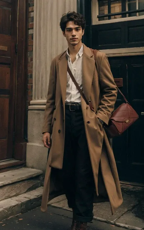 ultra-detailed,masterpiece,finely detail,highres,8k wallpaper,belt, boots, pants, solo, 1man, male, jacket, solo, shirt, long_sleeves, male_focus, belt, pants, bag, coat, black_pants, handbag, head_out_of_frame, brown_coat, trench_coat, dark academia, outfits, looking at viewer,
<lora:dark:0.8>