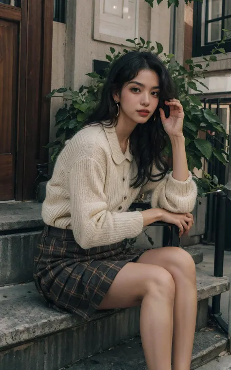 ultra-detailed,masterpiece,finely detail,highres,8k wallpaper,1girl, black_hair, lips, long_hair, realistic, sitting, skirt, solo, shirt, long_sleeves, jewelry, earrings, parted_lips, plaid, stairs, dark academia, outfits, looking at viewer,
<lora:dark:0.8>