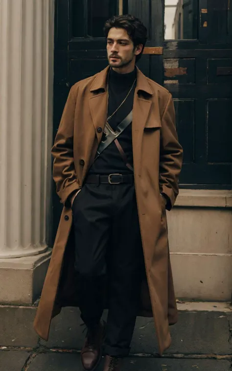 ultra-detailed,masterpiece,finely detail,highres,8k wallpaper,belt, boots, pants, solo, 1man, male, jacket, solo, shirt, long_sleeves, male_focus, belt, pants, bag, coat, black_pants, handbag, head_out_of_frame, brown_coat, trench_coat, dark academia, outfits<lora:dark:0.8>