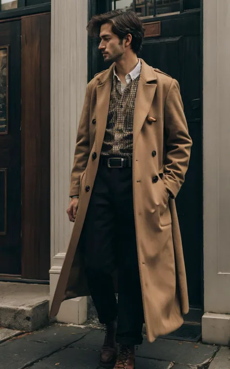 ultra-detailed,masterpiece,finely detail,highres,8k wallpaper,belt, boots, pants, solo, 1man, male, jacket, solo, shirt, long_sleeves, male_focus, belt, pants, bag, coat, black_pants, handbag, head_out_of_frame, brown_coat, trench_coat, dark academia, outfits<lora:dark:0.8>