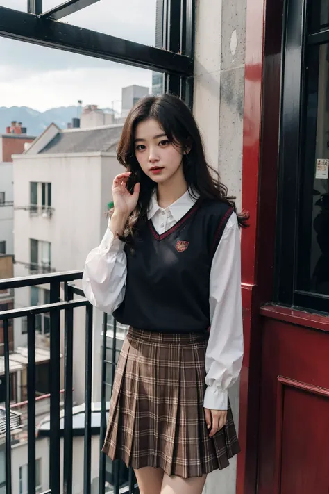 ultra-detailed,masterpiece,finely detail,highres,8k wallpaper,black_hair, bookshelf, building, checkered, skirt, solo, 1girl, long_hair, shirt, long_sleeves, school_uniform, white_shirt, pleated_skirt, indoors, window, sweater_vest, brown_skirt, railing, balcony, dark academia, outfits<lora:dark:0.8>