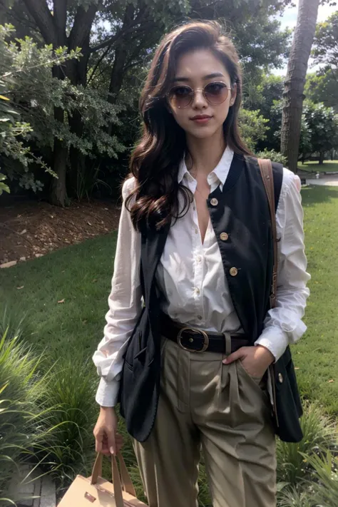 (realistic:1.3), finely detailed, quality, rembrandt lighting, (masterpiece:1.2), (photorealistic:1.2), (best quality), (detailed skin:1.3), (intricate details), dramatic, ray tracing, 1girl, japanese girl, 21 years old, detailed skin texture, (blush:0.5), (goosebumps:0.5), subsurface scattering, smiling, medium breasts, very long hair, bangs, dark academia, outfits, jacket, vest, belt, pants, sunglasses, (outdoors, picnic mat, sandwich, grass, trees), <lora:dark:0.8>