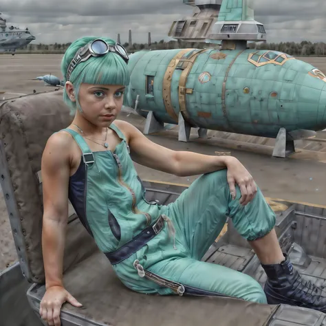 16 year old girl, content, <lora:Mint-07:0.7>, Mint, blue hair, detailed body, 1girl face, <lora:add_detail:1.0>, (photograph:1.0), 64K, HDR, UHD, legs spread apart, beautiful girl face, (beautiful eyes:1.0),
in detailed jumpsuit, detailed leather strapped flight goggles, (feminine face,:1.1), detailed hands, AS-Young, (planet express (space ship landed on planet:1.3):1.2), (detailed structure:1.1),