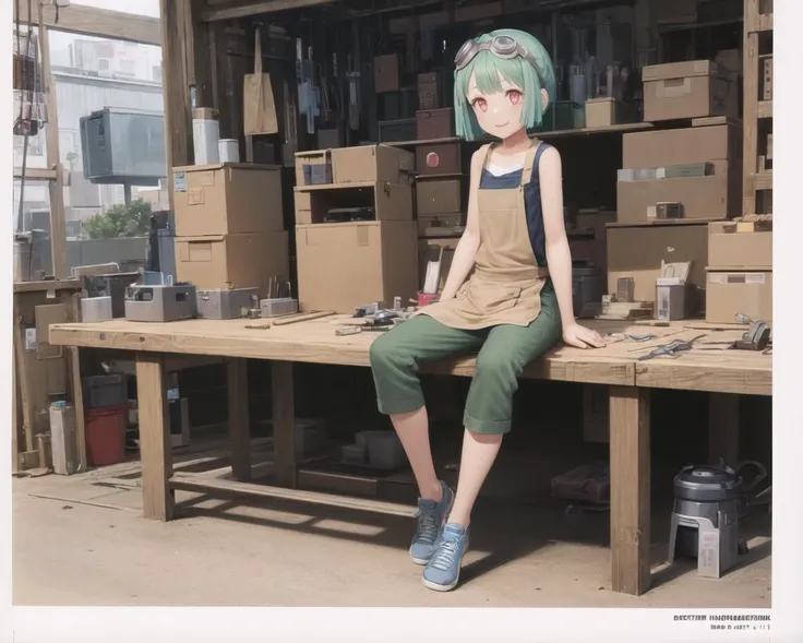 best quality, (masterpiece:1.2), illustration, absurdres,
(1girl, solo), (beautiful detailed girl), full body shot,
<lora:Mint-07:0.8>, Mint, green hair, red eyes, small breasts, thin, petite,
happy, smiling, sweat, wiping off sweat, looking at viewer,
goggles on forehead, goggles on hair,
black vest, (brown apron:1.2), blue sneakers, green pants,(engineer, mechanic:1.1), tools, tool belt, tool apron, wrench,
inside workshop, factory, inside intricate robot workshop, engineering facility, technology, mechanical,
(sitting, resting, relaxing),