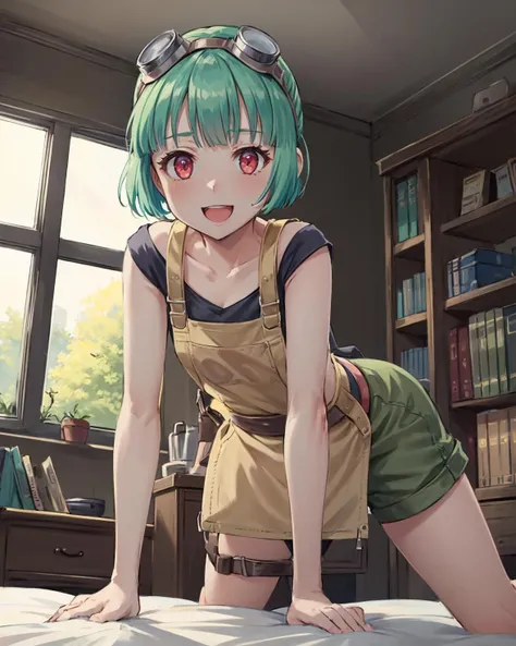 best quality, (masterpiece:1.2), illustration, absurdres,
(1girl, solo), (beautiful detailed girl),
<lora:Mint-06:0.7>, Mint, green hair, red eyes, small breasts, thin, petite, goggles on forehead, goggles on hair,black vest, (brown apron:1.2), blue sneakers, green pants,(engineer, mechanic:1.1),tool belt, tool apron,,
inside bedroom, on bed, sitting, spread legs, (agura:1.1), window, bookcase, table,,
looking at viewer, happy, from below, (bent over:1.1)