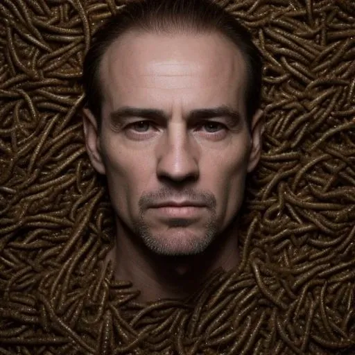 a picture of a man made completely out of worms, surreal background, disturbing