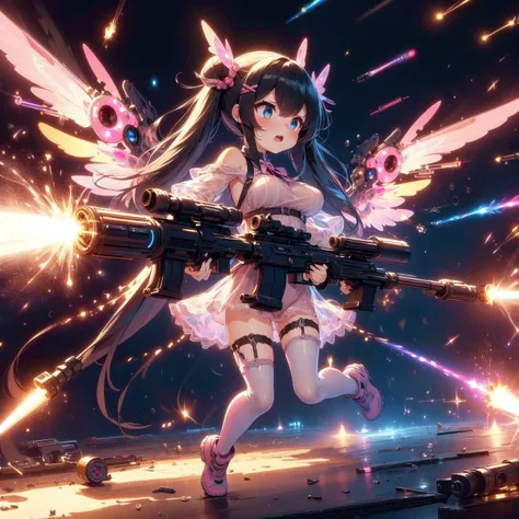 (((masterpiece))), (((best quality))), (((full body))), (((dual wielding twin buster rifle))), (((magnum sniper rifle))), (((golden huge beam impact))), (((firing))), (((glowing))), (((power)), (((electricity))), ((beige mechanical wings)), (((pink gothic lace see-through tight suit))), ((off shoulder)), skirt, ((leggings)), (((flying))), (((space))), earth \(planet\), (((planet))), solo, 1girl, (((big tits))), very long hair, black twin bun hair, hairclip, ribbon, open mouth, sweat, shy, blush, ((slim figure)), <lora:girlliketwinbusterrifle:1>