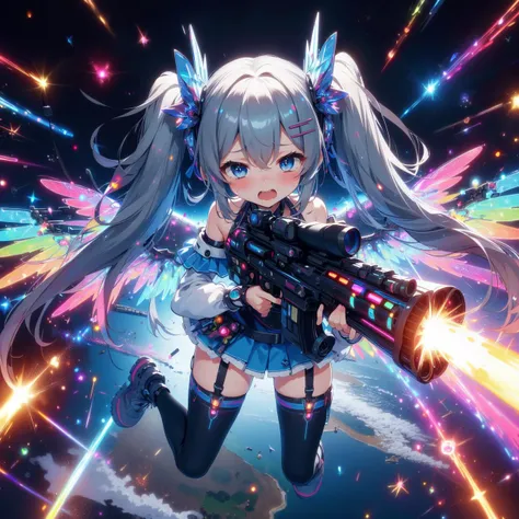 (((masterpiece))), (((best quality))), (((wide shot))), (((full body))), (((from above))), ((dual wielding twin buster rifle)), (((magnum sniper rifle))), (((colorful huge beam impact))), (((firing))), (((glowing))), (((power)), (((electricity))), ((colorful mechanical wings)), (((blue tight suit))), ((off shoulder)), skirt, ((leggings)), (((flying))), (((space))), earth \(planet\), (((planet))), solo, 1girl, (((big tits))), gray very long hair, twintails, hairclip, ribbon, open mouth, sweat, shy, blush, ((slim figure)), <lora:girlliketwinbusterrifle:1>